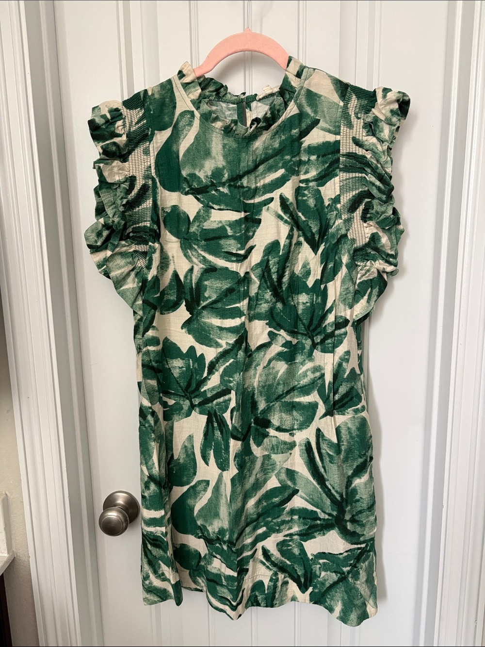 Green Leaf Print Ruffle Sleeve Dress